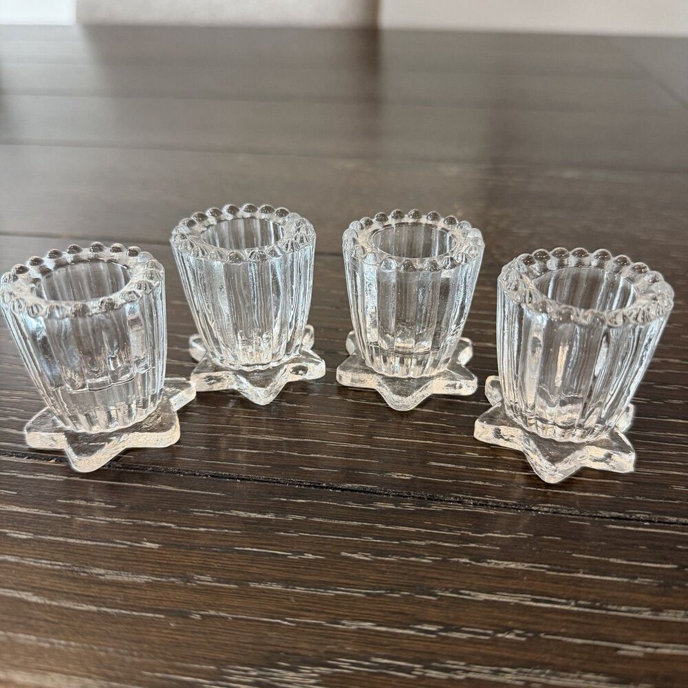Vintage Glass Star Ribbed Taper Candle Holders Set Of 4